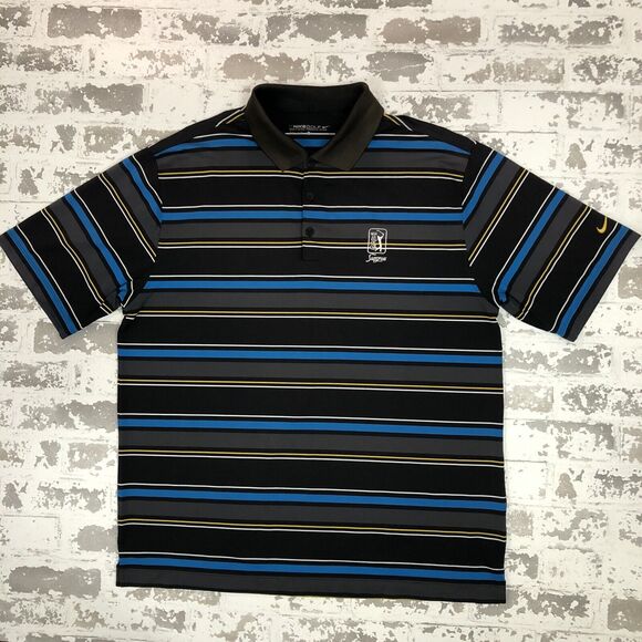 Nike Golf Shirt Mens L TPC Sawgrass Black Blue Yellow Striped Polo Short Sleeve - Picture 1 of 11